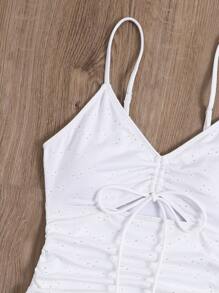 SHEIN Swim Schiffy Ruched Drawstring Front Ruffle Hem One Piece Swimsuit,Summer Beach - White - View 6