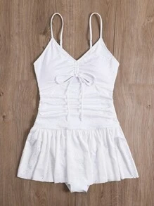 SHEIN Swim Schiffy Ruched Drawstring Front Ruffle Hem One Piece Swimsuit,Summer Beach - White - View 7