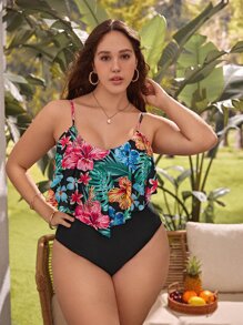 Swim Lushoire 大码热带印花手帕下摆连体泳衣夏季 - 彩色 - 查看 4