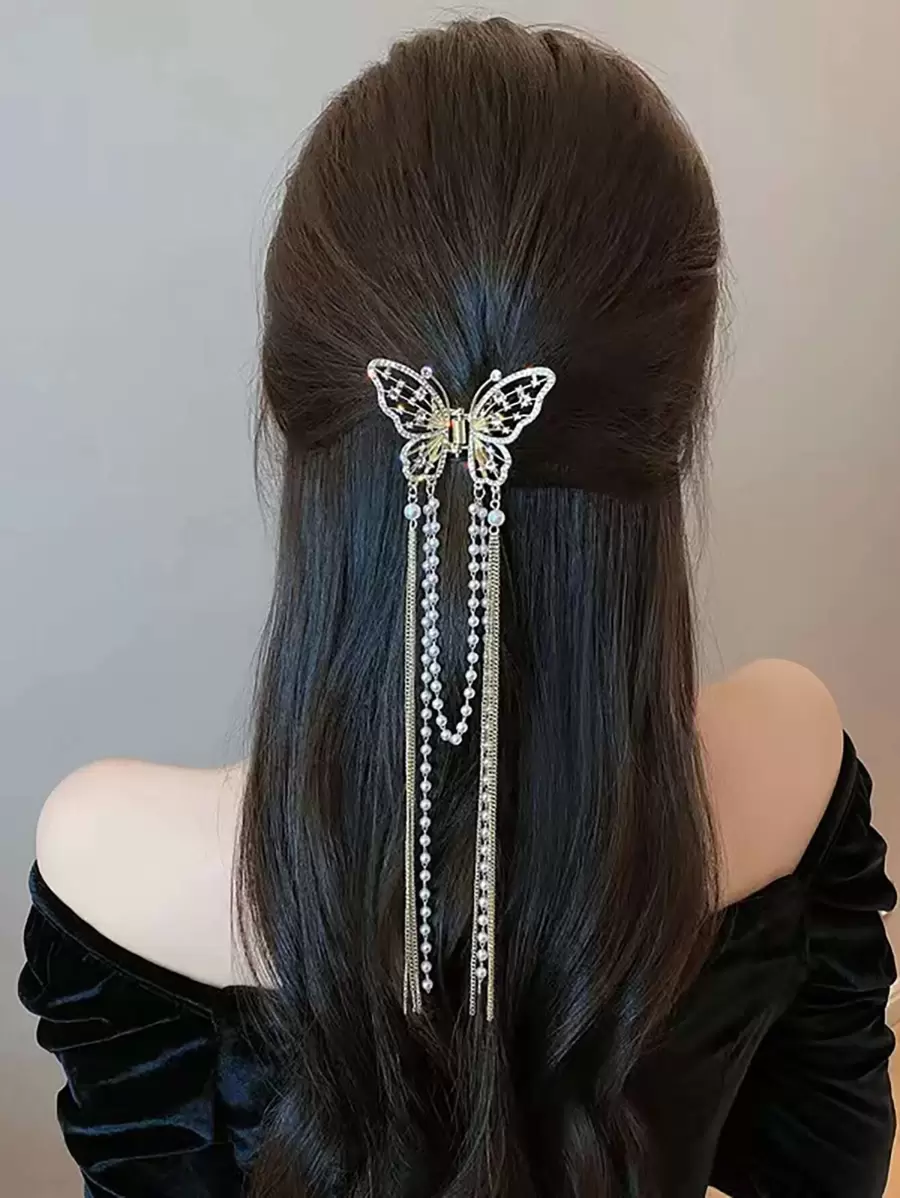 Garra de pelo con diseño de diamante de imitación y perla artificial con diseño de mariposa - Dorado - Ver 1