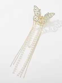 Garra de pelo con diseño de diamante de imitación y perla artificial con diseño de mariposa - Dorado - Ver 2