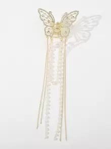 Garra de pelo con diseño de diamante de imitación y perla artificial con diseño de mariposa - Dorado - Ver 3