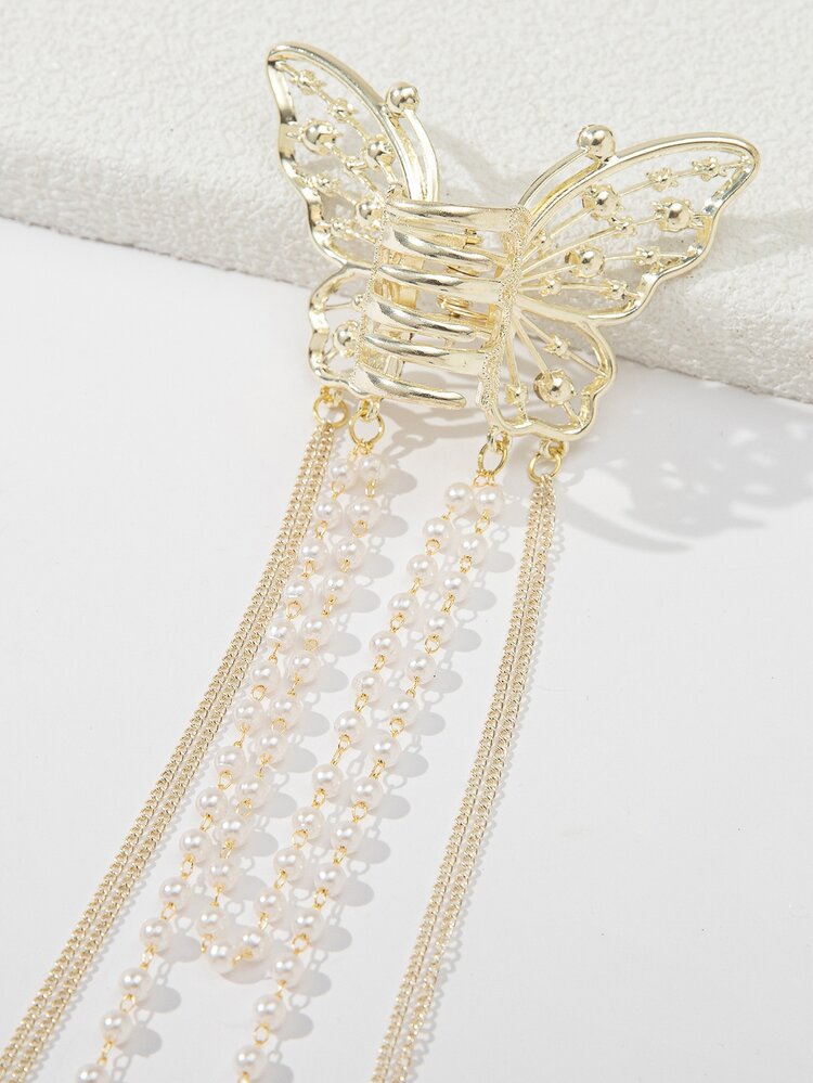 1pc Rhinestone & Faux Pearl Decor Butterfly Design Hair Claw - Gold - View 4