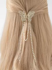 Garra de pelo con diseño de diamante de imitación y perla artificial con diseño de mariposa - Dorado - Ver 5