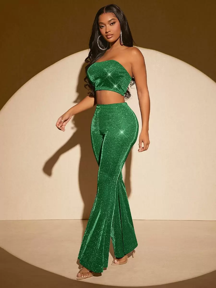 SHEIN SXY Glitter Crop Tube Top & Flare Leg Trousers - Green - View 1