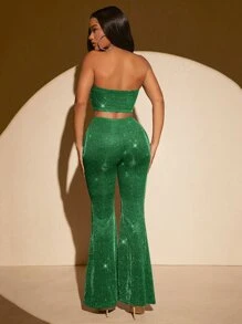 SHEIN SXY Glitter Crop Tube Top & Flare Leg Trousers - Green - View 2
