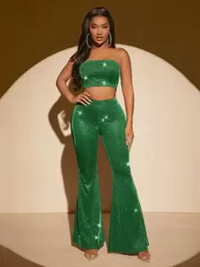 SHEIN SXY Glitter Crop Tube Top & Flare Leg Trousers - Green - View 3