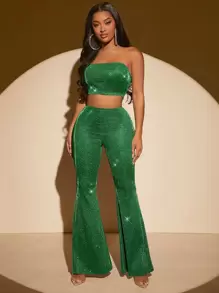 SHEIN SXY Glitter Crop Tube Top & Flare Leg Trousers - Green - View 4