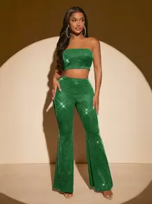 SHEIN SXY Glitter Crop Tube Top & Flare Leg Trousers - Green - View 5