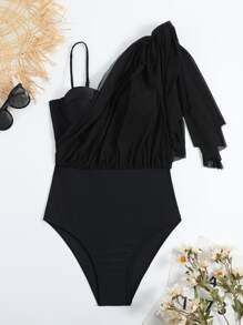 Summer Asymmetrical Neck Ruffle Trim One Piece Swimsuit - Black - View 8