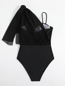 Summer Asymmetrical Neck Ruffle Trim One Piece Swimsuit - Black - View 6