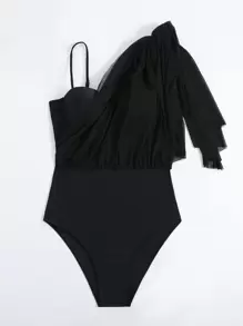 Summer Asymmetrical Neck Ruffle Trim One Piece Swimsuit - Black - View 7