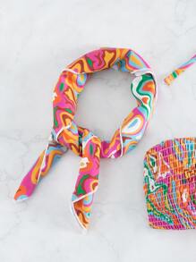 SHEIN Swim Marble Print Smocked Halter Summer Beach Bikini Set With Bandana - Multicolor - View 5