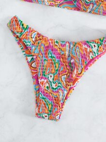 SHEIN Swim Marble Print Smocked Halter Summer Beach Bikini Set With Bandana - Multicolor - View 7
