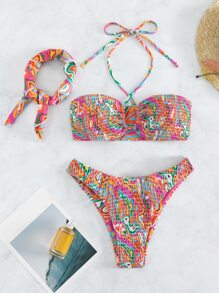 SHEIN Swim Marble Print Smocked Halter Summer Beach Bikini Set With Bandana - Multicolor - View 4