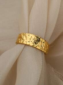 Retro Wide Textured Rings For Women Open Adjustable Stainless Steel Gold Color Ring Gothic Punk Hip Hop Jewelry - Yellow Gold - View 4