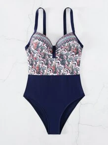 Paisley Print Ruched Push Up One Piece Swimsuit - Multicolor - View 3