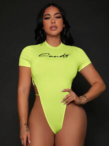SHEIN SXY Letter Graphic Cut Out Side Tee Bodysuit - Lime Green - View 1