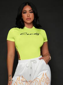 SHEIN SXY Letter Graphic Cut Out Side Tee Bodysuit - Lime Green - View 3