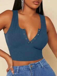 SHEIN SXY Half Button Crop Tank Top - Blue - View 1