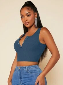 SHEIN SXY Half Button Crop Tank Top - Blue - View 3
