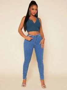 SHEIN SXY Half Button Crop Tank Top - Blue - View 4