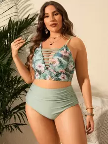 SHEIN Swim Curve Hơn Bản in nhiệt đới Bộ Bikini Cắt laser Áo ngực đẩy Áo & Xù Cao eo Đáy bikini 2 mảnh Đồ bơi - Nhiều màu - Xem 4