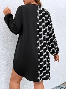 SHEIN LUNE Vestido con estampado geométrico de manga farol bajo curvo - Blanco y Negro - Ver 2