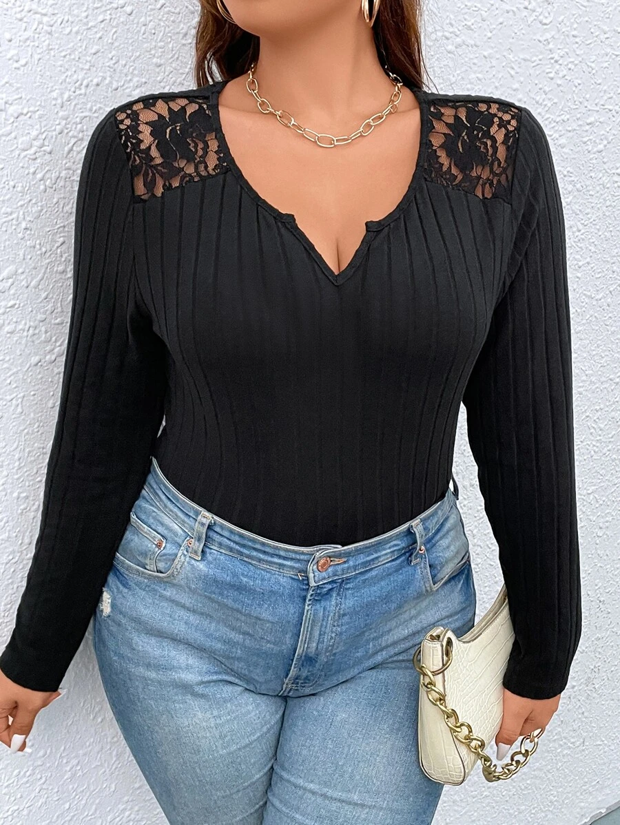 Celure Plus Contrast Lace Notched Neckline Bodysuit - Black - View 1