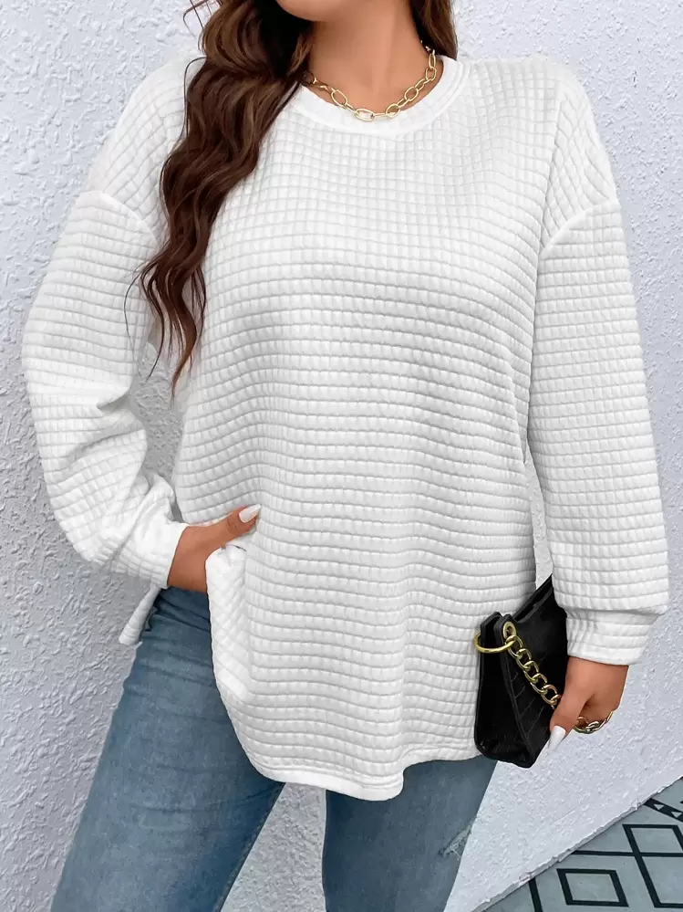 SHEIN Franclia מפוצל פשוט קז'ואל טישרט במידה גדולה - לבן - ראה 1