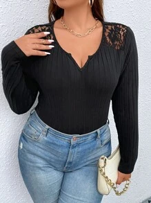 Celure Plus Contrast Lace Notched Neckline Bodysuit - Black - View 6