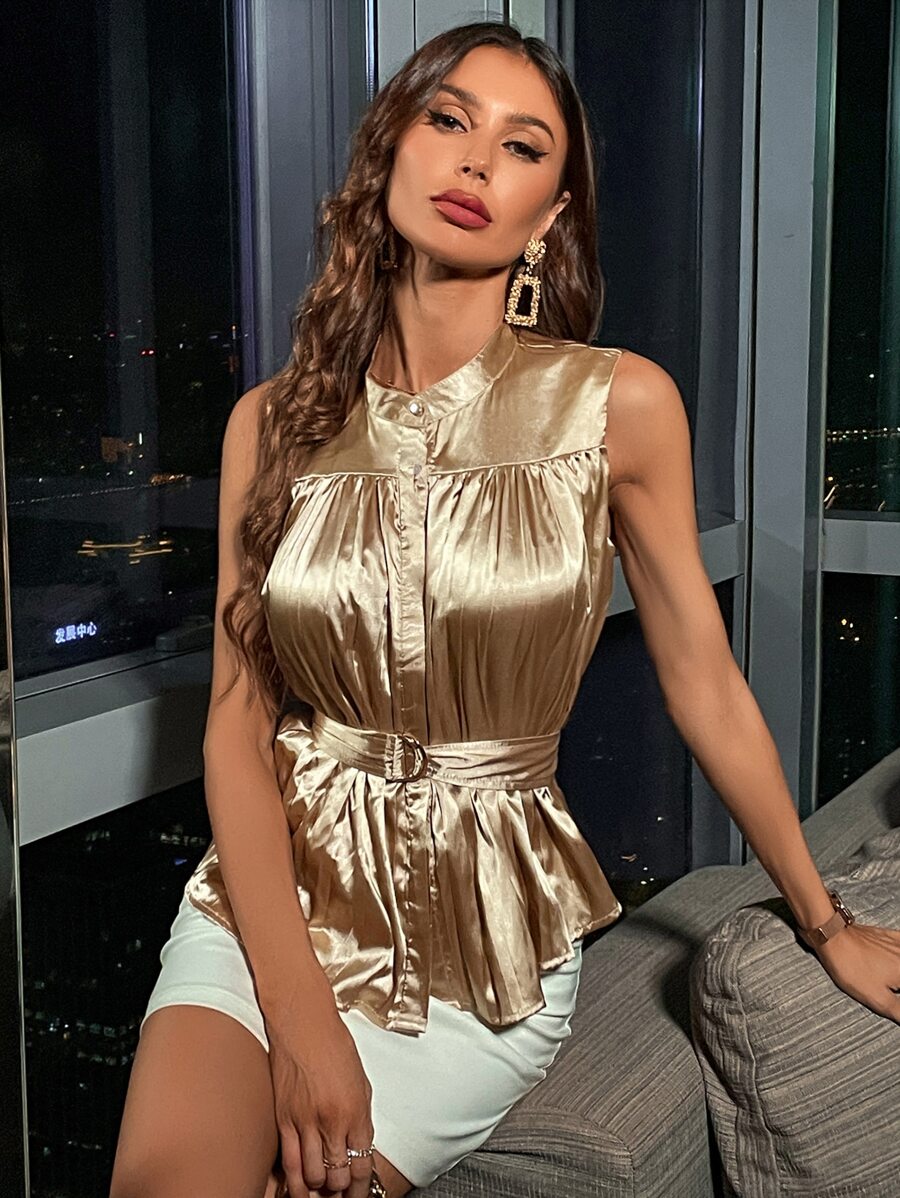 SHEIN BAE Jacquard Belted Satin Blouse - Gold - View 1