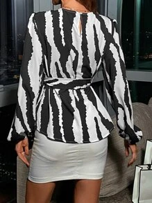 SHEIN LUNE Zebra Striped Print Lantern Sleeve Belted Blouse - Black and White - View 2