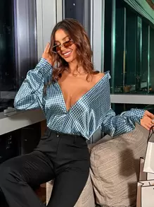 SHEIN Privé Allover Print Button Up Satin Shirt - Multicolor - View 1