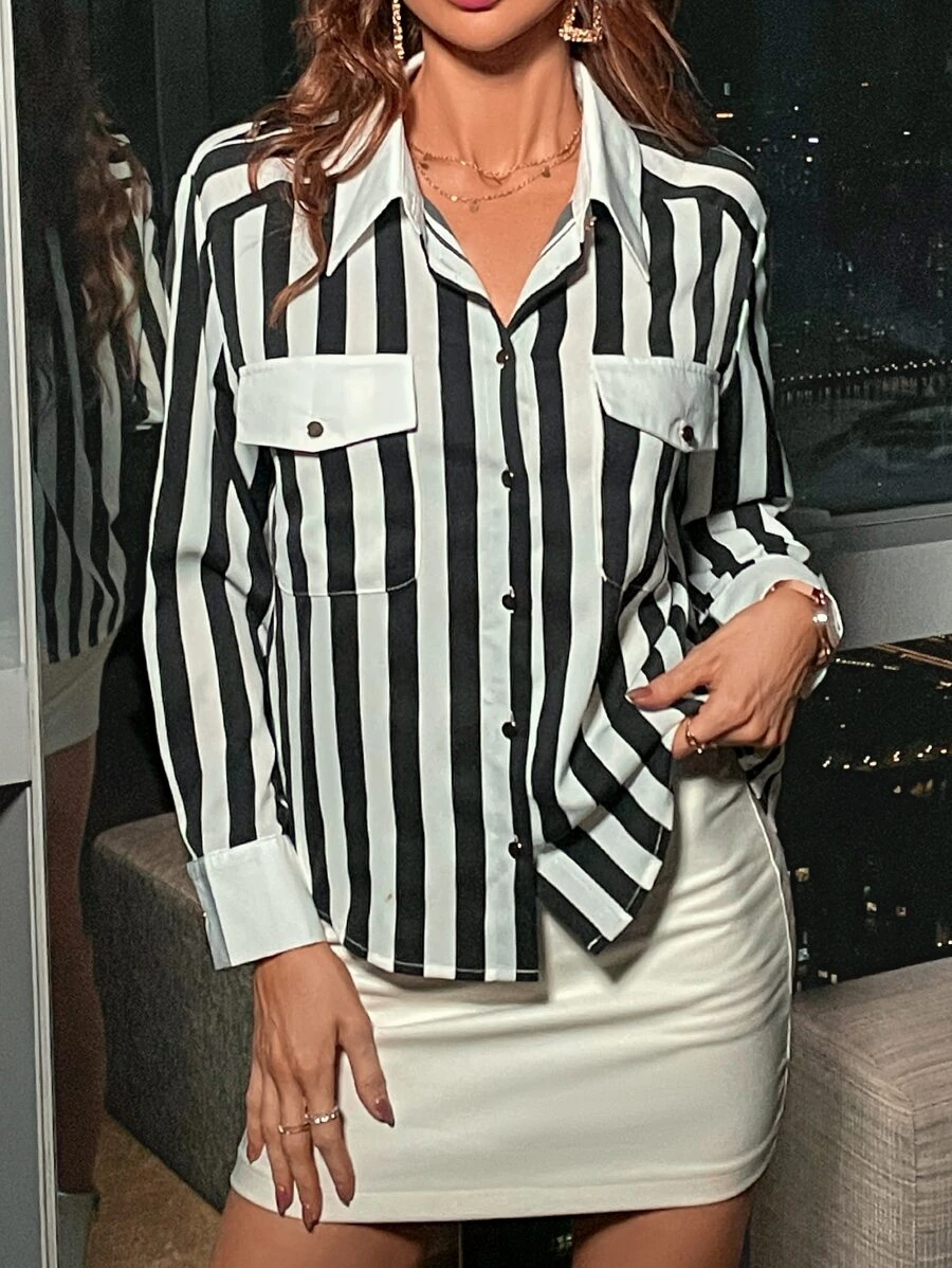 Striped Print Flap Pocket Shirt - Black and White - View 1