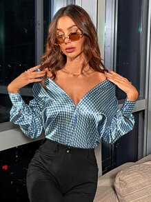 SHEIN Privé Allover Print Button Up Satin Shirt - Multicolor - View 5