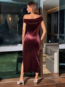 GENKIRA Asymmetrical Neck Split Thigh Velvet Dress - Rust Brown - View 2