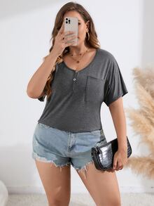 SHEIN LUNE Plus Batwing Sleeve Pocket Patched Tee - Dark Grey - View 5