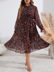 SHEIN Clasi 大碼滿版印花荷葉袖荷葉邊洋裝 - 彩色 - 查看 1