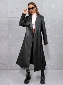 SHEIN Unity 西裝領腰帶PU皮革風衣外套