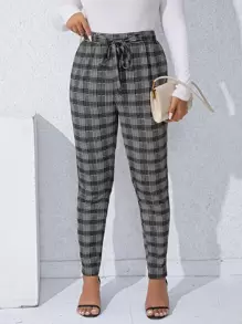 Calvaya Plus Plaid Print Tie Waist Trousers - Black and White - View 1
