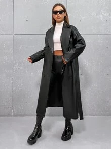 SHEIN Unity 西裝領腰帶PU皮革風衣外套