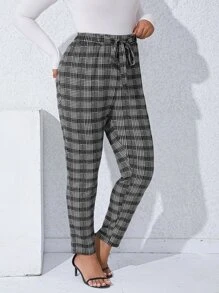 Calvaya Plus Plaid Print Tie Waist Trousers - Black and White - View 3