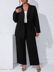 SHEIN Clasi Plus Lapel Neck Drawstring Waist Blazer & Trousers - Black - View 5