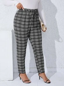 Calvaya Plus Plaid Print Tie Waist Trousers - Black and White - View 4