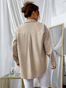 SHEIN EZwear Solid Button Front Drop Shoulder Shirt,Long Sleeve Tops - Khaki - View 3