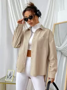 SHEIN EZwear Solid Button Front Drop Shoulder Shirt,Long Sleeve Tops - Khaki - View 4
