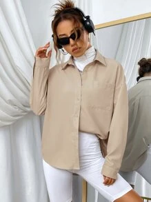 SHEIN EZwear Solid Button Front Drop Shoulder Shirt,Long Sleeve Tops - Khaki - View 5