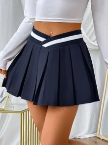 SHEIN Qutie Striped Pleated Tennis Skirt - Navy Blue - View 1