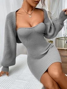 SHEIN BAE 素色條紋針織抹胸毛衣洋裝和短上衣 - 灰色 - 查看 3